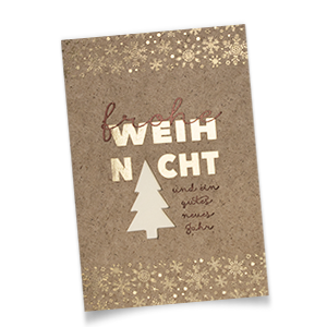 Vergrößere Abbildung Naturbraune, geschäftliche Weihnachtskarte mit Baum-Laserstanzung, goldenen Sternchen und Gruß Frohe Weihnacht und ein gutes neues Jahr.