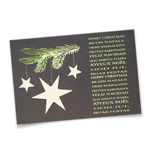 Vergrößere Abbildung Weihnachtskarte in Grau mit Sternen, grünem Tannenzweig und mehrsprachigen Grußtexten
