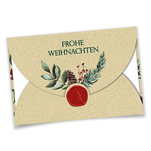 Vergrößere Abbildung Natürliche Weihnachtskarte aus braunem Graspapier mit floralem Druck und rotem Siegel in Folienprägung