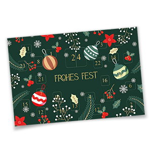 Vergrößere Abbildung Grüne Adventskalenderkarte mit 24 Türchen, goldgeprägtem Frohes Fest und weihnachtlichen Motiven