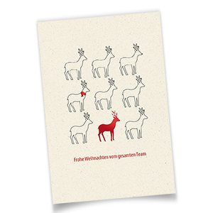 Vergrößere Abbildung Weiße Team-Weihnachtskarte mit Hirschen und roter Folienprägung Frohe Weihnachten vom gesamten Team