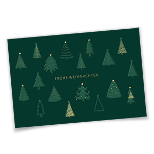 Vergrößere Abbildung Dunkelgrüne Weihnachtskarte mit goldgeprägtem Frohe Weihnachten und stilisierten Weihnachtsbäumen.