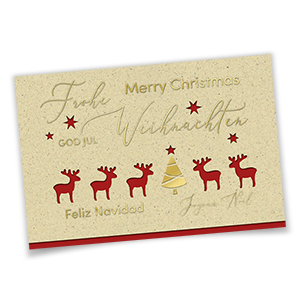 Vergrößere Abbildung Naturbraune Weihnachtskarten Rentierparade aus Graspapier mit goldgeprägtem Baum, formgestanzten Rentieren und internationalen Weihnachtsgrüßen