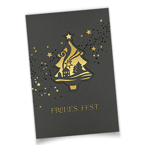 Vergrößere Abbildung Graue Weihnachtskarten mit Weihnachtsbaum, Gold- und Schwarzfolienprägung sowie Sternenregen