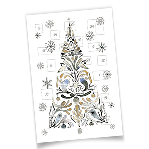 Vergrößere Abbildung Adventskalenderkarten mit 24 Türchen, Weihnachtsbaum, Sternen und Schneekristallen