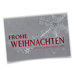 Vergrößere Abbildung Weihnachtskarte aus Silbermetallic-Karton mit roter Folienprägung, Schneekristallen und Sternen
